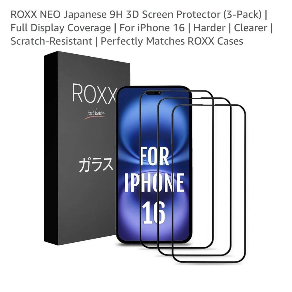 ROXX Neo‎ iPhone 16 Screen Protector 3 Pack. 3D Screen Protector.